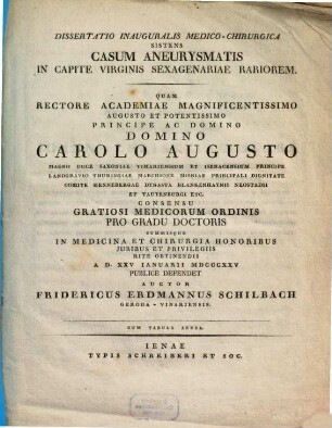 Dissertatio inauguralis medica chirurgica sistens casum aneurysmatis in capite virginis sexagenariae rariorem : cum tabula aenea