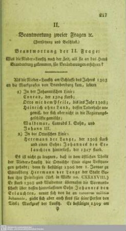 Beantwortung zweier Fragen [et]c. : (Fortsetzung und Beschluß)
