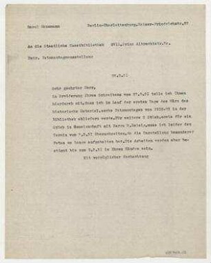 Brief von Raoul Hausmann an Staatliche Kunstbibliothek / Curt Glaser. Berlin