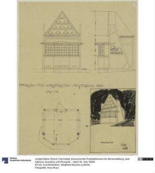 Darmstadt, provisorischer Postkartenkiosk für die Ausstellung, zwei Aufrisse, Grundriss und Perspektive
