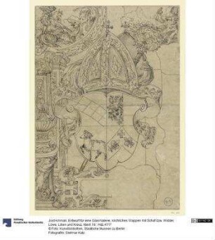 Entwurf für eine Glasmalerei, kirchliches Wappen mit Schaf bzw. Widder, Löwe, Lilien und Kreuz