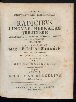 Observationes Philologicas De Radicibvs Lingvae Hebraeae Trilitteris ...