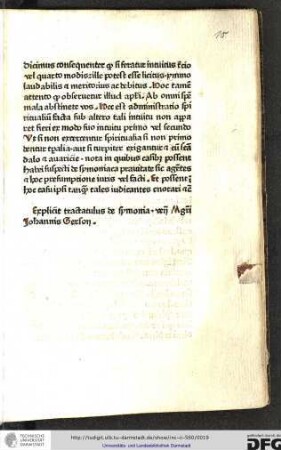 Explicit tractatulus de symonia venerabili magistri Johannis Gerson.
