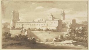 Italienisches Kloster hinter hohen Mauern, die Turmruine der Torre delle Millizie in Rom nachempfunden
