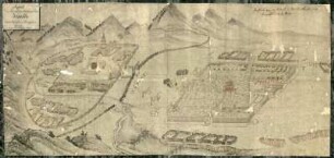 Prospect von dem Russischen u[nd] Chinesischen Kjachta, u[nd] der Grenz-Pforte beider Reiche, 1790 : Prospekt der beiderseitigen Handlungs-Örter Kiachta an der Russischen u[nd] Chinesischen Grenze / entworfen durch chinesische Hand