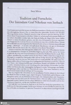 Tradition und Fortschritt. Der Intendant Graf Nikolaus von Seebach