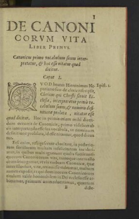 De Canoni Corum Vita. Liber primus.