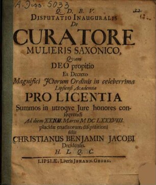 Disputatio Inauguralis De Curatore Mulieris Saxonico