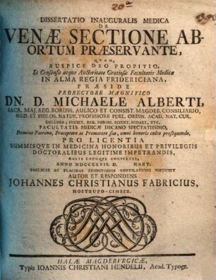 Diss. inaug. med. de venae sectione abortum praeservante