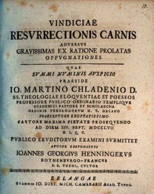 Vindiciae Resvrrectionis Carnis Adversvs Gravissimas Ex Ratione Prolatas Oppvgnationes