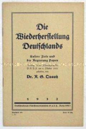 Geheftete Flugschrift mit dem Wortlaut einer Rede auf der Reichsführertagung der DNVP zu den außenpolitischen Zielen der Partei