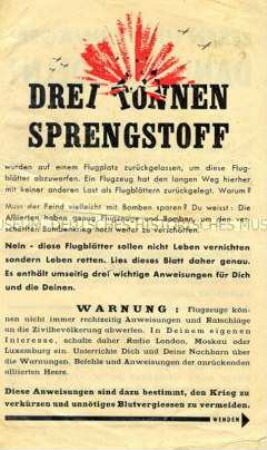 Abwurf-Flugblatt der Alliierten mit einer Warnung vor Luftangriffen und Verhaltensmaßregeln für die Zivilbevölkerung