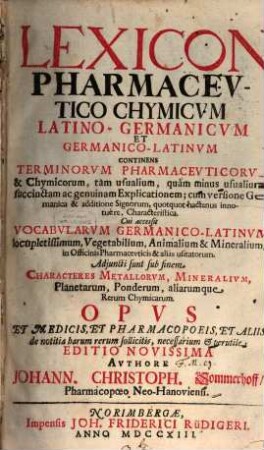 Lexicon pharmaceutico-chymicum, latino-germanicum et germanico-latinum