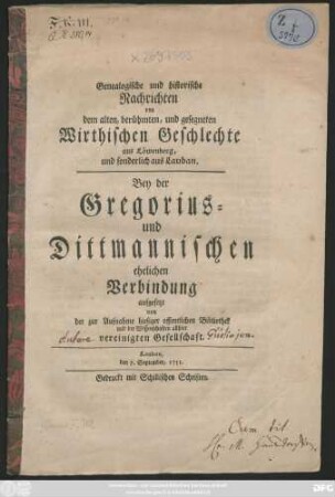 Bey der Gregorius- und Dittmannischen ehelichen Verbindung aufgesetzt von der zur Aufnahme hiesiger öffentlichen Bibliothek und der Wissenschaften all hier vereinigten Gesellschaft : Lauban, den 7. September, 1751