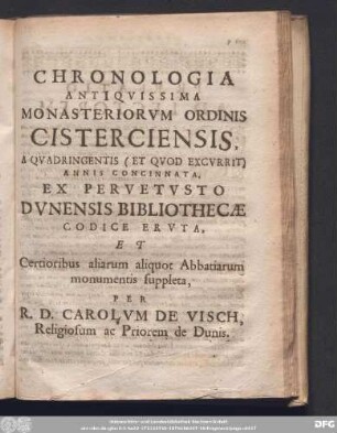 Chronologia Antiquissima Monasteriorum Ordinis Cisterciensis, [...]