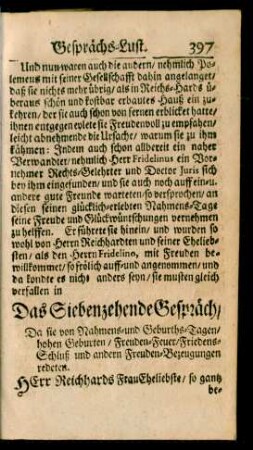 Das Siebenzehende Gespräch/ Da sie von Nahmens- und Geburths-Tagen/ ... und andern Freuden-Bezeugungen redeten.