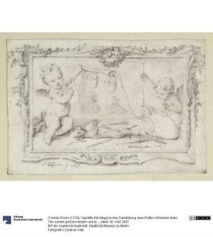 Vignette mit allegorischer Darstellung: zwei Putten mit einem toten Tier, einem großen Herzen und einer medizinischen Schautafel