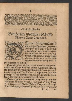 Der Erste Artickel. Von heiliger Göttlicher Schrifft/ Alten vnd Newen Testaments.