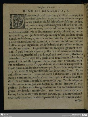 Clarissimo Viro Henrico Bangerto, S.