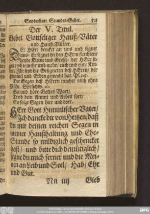 Der V. Titul. Gebet Gottseliger Haus-Väter und Haus-Mütter.