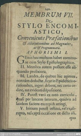 Membrum VII. De Stylo Encomiastico, Conveniente Praefationibus & allocutionibus ad Magnates, ut & Programmatis