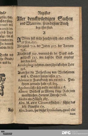 Register Aller denckwürdigen Sachen und Materien / so in diesem Buch begriffen sind.