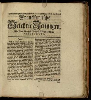 Num. XXXI. Freytags, den 16. April. 1756 - Num. XL. Dienstags, den 18. May. 1756