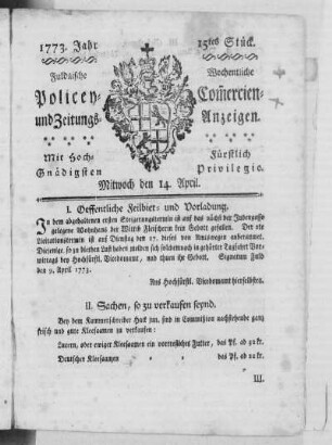 15 tes Stück, Ausgabe vom 14. April 1773