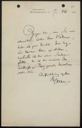 Nr. 10: Brief von Alexander Conze an Ulrich von Wilamowitz-Moellendorff, Berlin, 7.8.1906