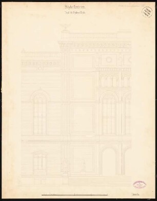 Polytechnikum, Berlin Schinkelwettbewerb 1860: Teilaufriss der Nordwestfassade, Maßstabsleiste, Freihandskizze auf der Trägerrückseite