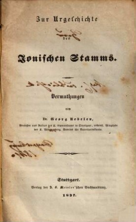 Zur Urgeschichte des jonischen Stamms : Vermuthungen