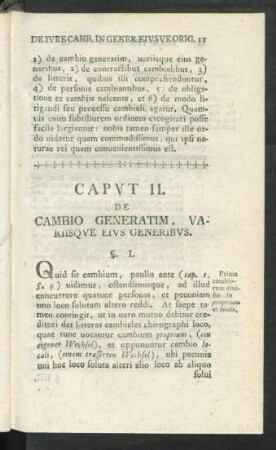 Caput II. De Cambio Generatim, Variisque Eius Generibus.