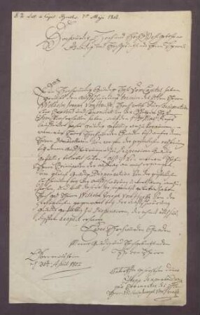 Dispensationsgesuch des Wilhelm Karl Joseph von Hacke von persönlichem Erscheinen bei der Aufschwörung.