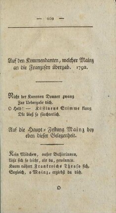 Auf den Kommandanten, welcher Mainz an die Franzosen übergab. 1792.