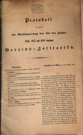 Protokoll betreffend die Verlängerung des für die Jahre 1846, 1847 und 1848 erlassenen Vereins-Zolltarifs : [Umschlagtitel.]