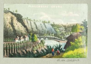 Ansicht vom Plauenschen Grund in Dresden, Lithografie, um 1840 : Plauensche Grund. [S.l.], [um 1840]. - 1 Kunstbl. : kol. Lithogr. ; 8,6 x 5,5 cm.