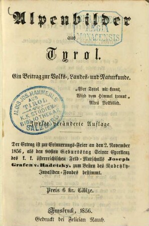 Alpenbilder aus Tyrol : ein Beitrag zur Volks-, Landes- und Naturkunde
