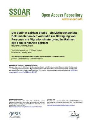 Die Berliner pairfam Studie - ein Methodenbericht : Dokumentation der Vorstudie zur Befragung von Personen mit Migrationshintergrund im Rahmen des Familienpanels pairfam
