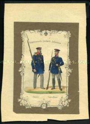 Uniformdarstellung, Füsilier und Unteroffizier des Ostpreußischen Landwehr-Infanterie-Regiments, Preußen, 1813. Lithographie aus "Der Soldatenfreund"