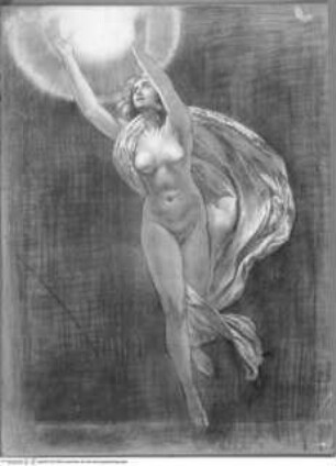 Weibliche schwebende Aktfigur, mit erhobenen Händen nach einer Lichtquelle greifend (Vorzeichnung zum Deckenfresko des Salone, Wölbung zur Nordwand; Figur rechts außen)