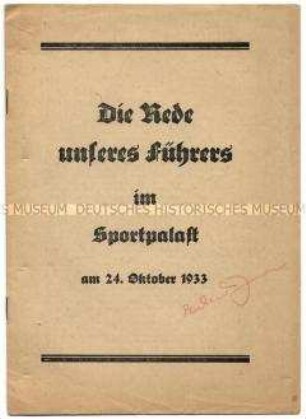 Flugschrift mit dem Text der Rede Adolf Hitlers zu Fragen der Rüstungs- und Außenpolitik