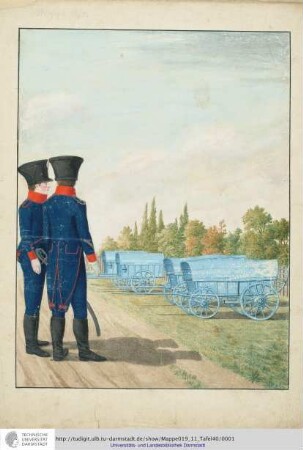 Abbildung Des Gros[s]herzoglich Hessischen Militair. [Tafel 40: Großherzogliches Artilleriekorps (Train-Kompanie); Trainsoldat und Sergeant der Train-Kompanie]. S.l.e.a. [ca. 1813/14]