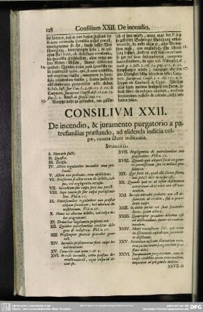Consilium XXII. De incendio, & juramento purgatorio a patrefamilias praestando, ad elidenda indicia culpae, contra illum militantia
