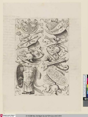 [Deux trophées, dont le premier offre en bas une cuirasse vue par-devant; Two Trophies with a Cuirass at lower left; Trophäe mit einem Brustpanzer]