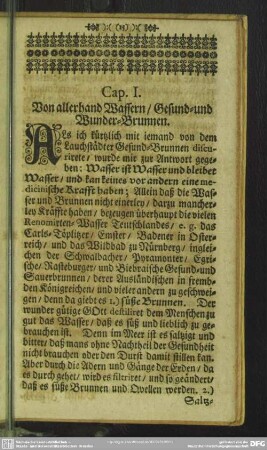 Cap. I. Von allerhand Wassern, Gesund- und Wunder-Brunnen
