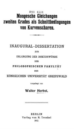 Mongesche Gleichungen zweiten Grades als Schnittbedingungen von Kurvenscharen