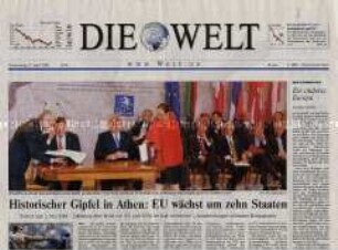 Fragment der Tageszeitung "Die Welt" zum Gipfeltreffen der Europäischen Union in Athen