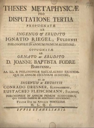 Theses metaphysicae pro disputatione tertia