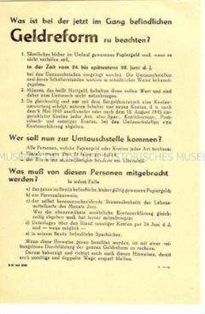 Informationsblatt zur Währungsreform in der Sowjetischen Besatzungszone