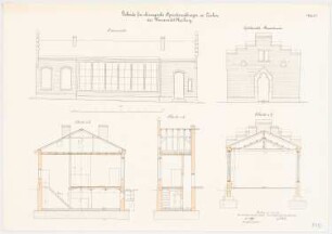 Chirurgisches Lehrgebäude der Philipps-Universität Marburg: Aufriss Seitenansicht, Giebelansicht, Querschnitte 1:50